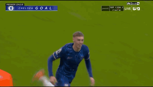 A Soccer Player Is Running On A Field With The Words Chelsea Goal On The Top GIF