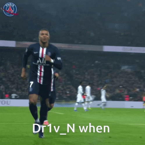 A Soccer Player Is Running On A Field With The Words Dr1v_n When Below Him GIF