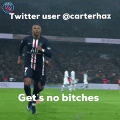 A Soccer Player Is Running On A Field With The Words Get 'S No Bitches On The Bottom GIF