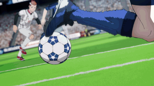 a soccer player kicking a ball on a field with a crowd in the background