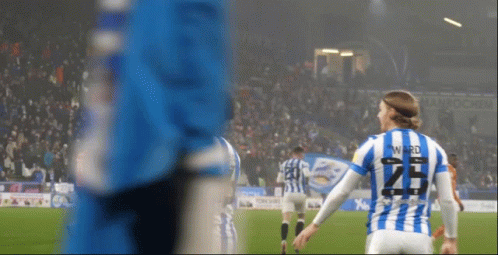 A Soccer Player Wearing A Blue And White Striped Jersey With The Number 25 On The Back GIF