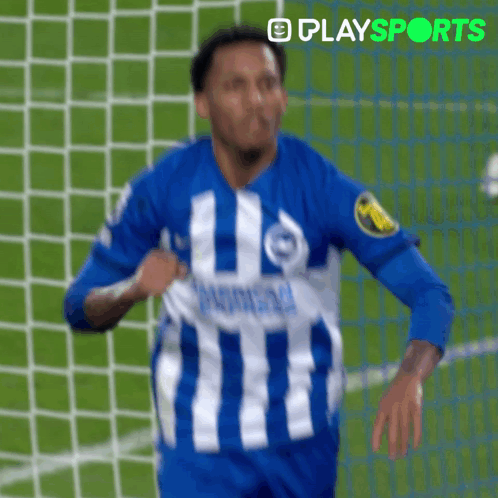 A Soccer Player Wearing A Blue And White Striped Jersey With The Word Playsports On The Bottom Left GIF