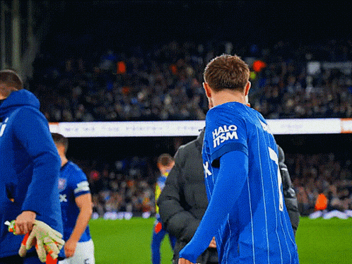 a soccer player wearing a blue shirt that says halo it sm