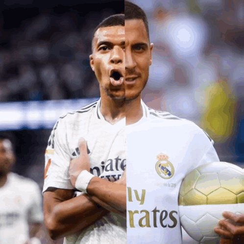 A Soccer Player Wearing A Fly Emirates Jersey Holds A Ball GIF