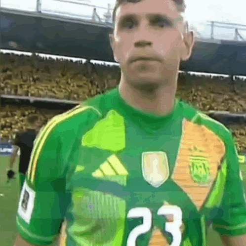 A Soccer Player Wearing A Green And Yellow Jersey With The Number 23 On It GIF