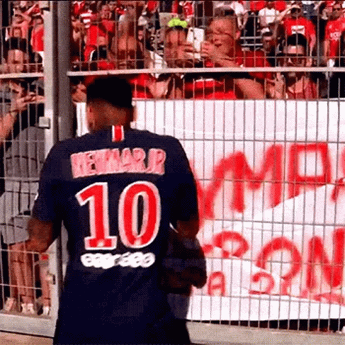A Soccer Player Wearing A Jersey With The Number 10 On It Is Standing In Front Of A Crowd Of People . GIF