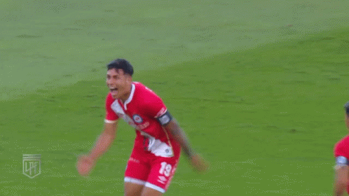A Soccer Player Wearing A Red Jersey With The Number 19 On It Is Celebrating A Goal GIF