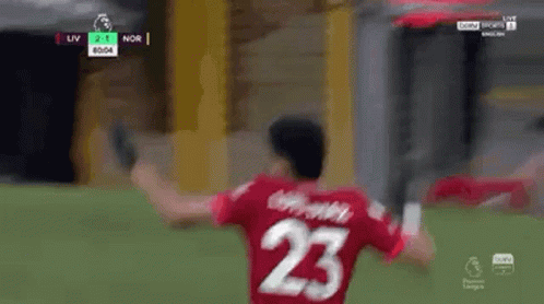 A Soccer Player Wearing A Red Jersey With The Number 23 On It Is Standing On A Field . GIF