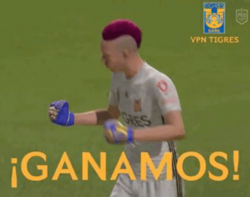a soccer player wearing a white shirt with the word tigres on it is waving his hands in the air .