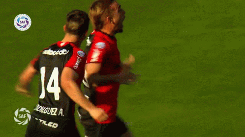 a soccer player with the number 14 on his back is hugging another player