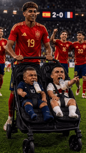 A Soccer Player With The Number 19 On His Jersey Pushes A Stroller With Two Babies In It GIF