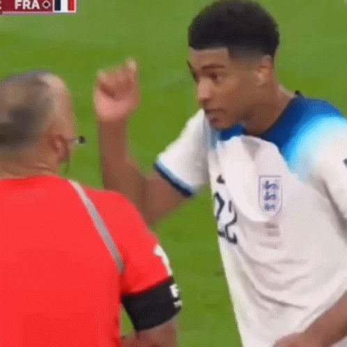 a soccer player with the number 22 on his jersey is talking to a referee on the field .