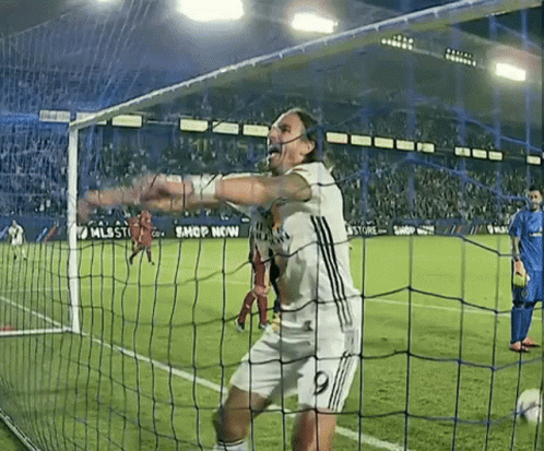 A Soccer Player With The Number 9 On His Jersey Stands In Front Of A Net GIF