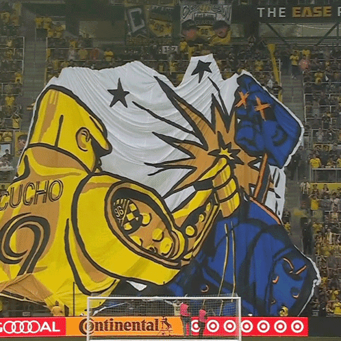 A Soccer Stadium With A Banner That Says " Cucho " On It GIF