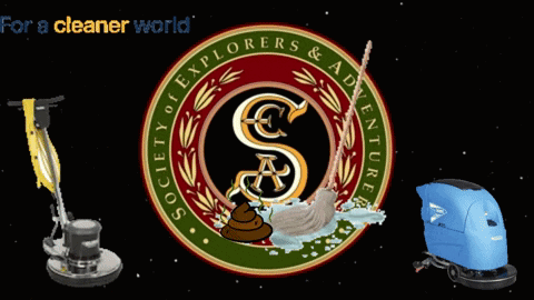 A Society Of Explorers And Adventure Logo With A Mop In The Middle GIF