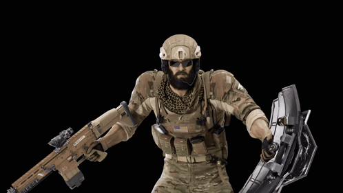 A Soldier Holding A Gun And A Shield With A Y On It GIF