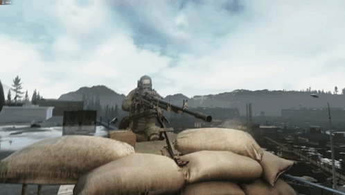 A Soldier In A Video Game Is Holding A Rifle And Wearing A Helmet That Says Us Army GIF