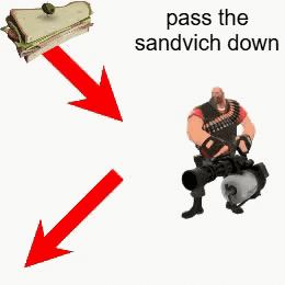 A Soldier Is Carrying A Sandwich Down A Red Arrow With The Words Pass The Sandwich Down Below Him GIF