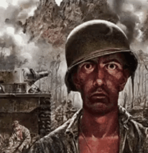 A Soldier Wearing A Helmet Is Standing In Front Of A Tank In A Painting . GIF