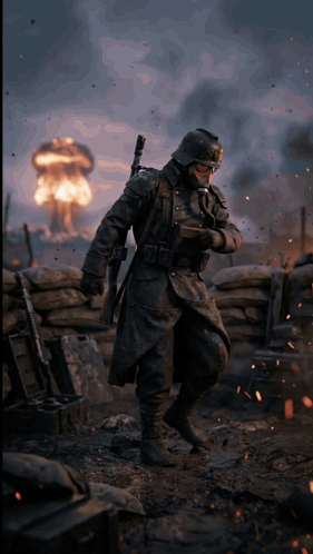 a soldier with a gas mask on stands in front of a nuclear explosion