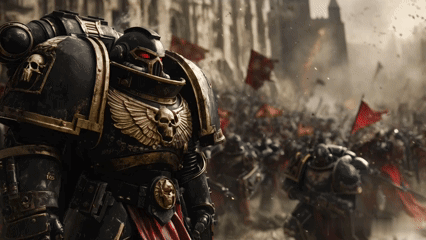 Soldier With Skull Chest Stands Before Crowd GIF