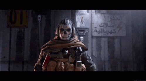a soldier with a skull on his face stands in front of a sign that says 01