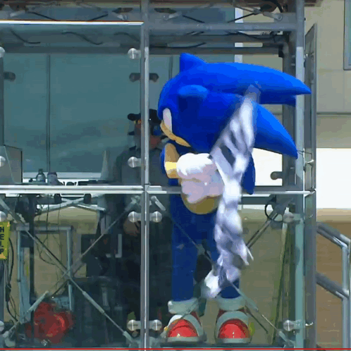 A Sonic The Hedgehog Costume Is Standing In Front Of A Glass Wall GIF