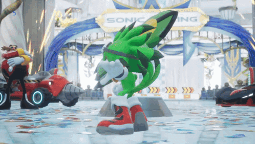 A Sonic The Hedgehog Is Standing In Front Of A Sign That Says Sonic GIF