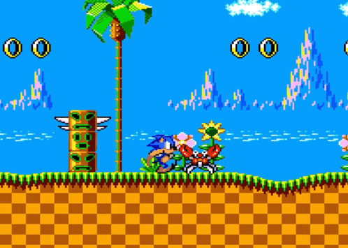 a sonic the hedgehog video game scene with a checkered ground
