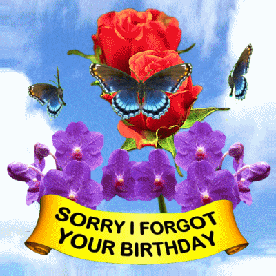 A Sorry I Forgot Your Birthday Sign With Butterflies And Flowers GIF