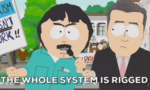 A South Park Cartoon Shows A Man Holding A Sign That Says " Ism Is N't Work " GIF
