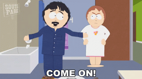A South Park Cartoon Shows Randy And A Girl Standing In A Bathroom GIF