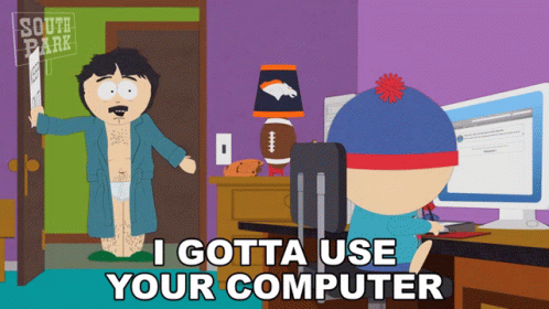 A South Park Cartoon Shows Randy Standing Next To Stanley Using A Computer GIF