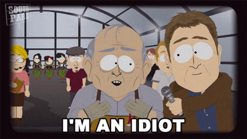 A South Park Cartoon With A Man Holding A Microphone And The Words I 'M An Idiot GIF