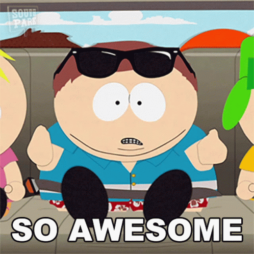 A South Park Character Wearing Sunglasses Is Sitting In The Back Seat Of A Car And Says So Awesome GIF