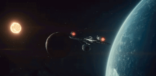 A Space Ship Is Flying Around A Planet With A Sun In The Background GIF