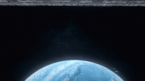 A Space Ship Is Flying Over A Blue Planet In The Night Sky GIF