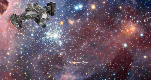 a space ship is flying through a galaxy with the words " redhimes tower " written below it