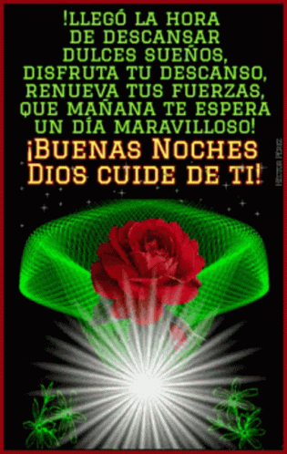 A Spanish Greeting Card With A Red Rose And A Green Ribbon GIF