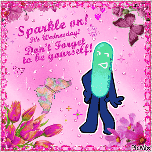 A Sparkle On Wednesday Greeting Card With A Cartoon Character And Flowers GIF