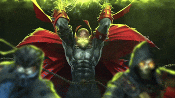 A Spawn Comic Book Character Is Surrounded By Two Skeletons GIF