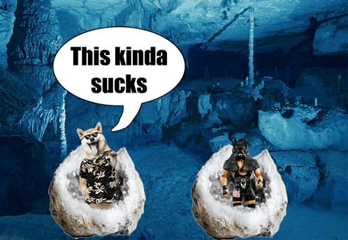 A Speech Bubble Says This Kinda Sucks In Front Of A Cave Scene GIF