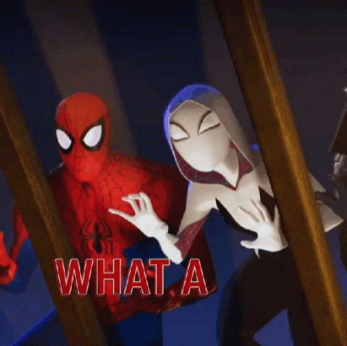 A Spider Man And A Ghost Spider Are Standing Next To Each Other And The Words What A Pig Are On The Bottom GIF