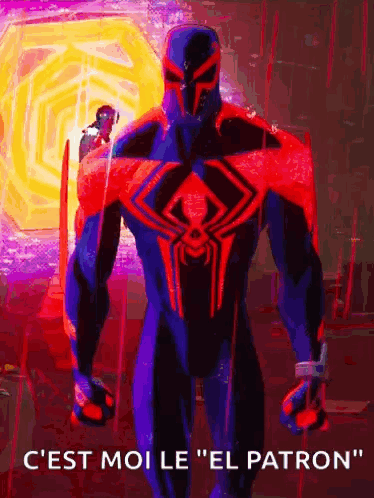 A Spider-Man In A Purple And Red Suit Is Standing In A Room With A Sword In His Hand . GIF