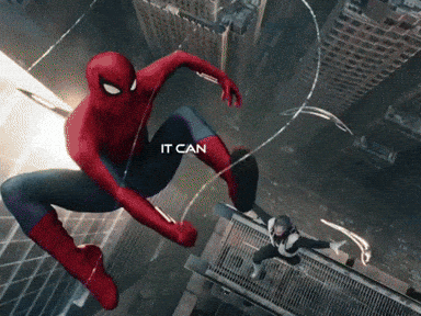 A Spider-Man Is Flying Through The Air With The Words " It Can " Above Him GIF