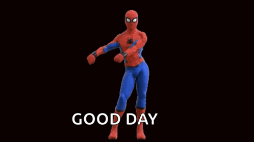 A Spider Man Is Standing In Front Of A Black Background With The Words Good Day Written Below Him . GIF