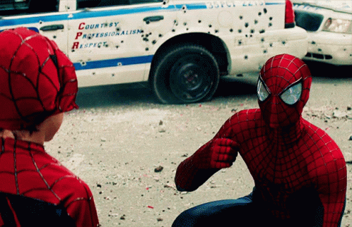 A Spider Man Pointing At Another Spider Man In Front Of A Police Car That Says Courtney Professionalism Respect GIF