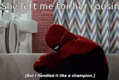 A Spider Man Sitting In A Bathtub With His Head Down GIF
