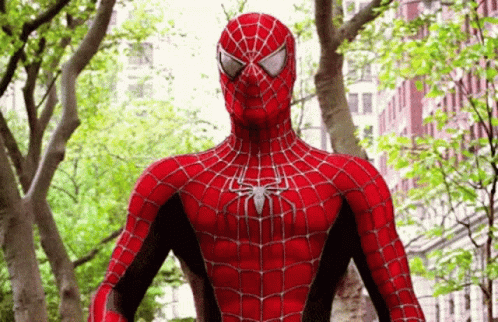 Spider Man In Front Of Trees And Buildings GIF
