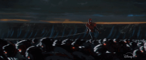 A Spiderman Is Flying Through The Air With A Disney + Logo In The Background . GIF